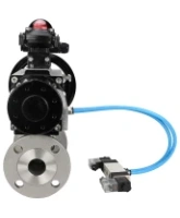 Кран шаровой DN.ru BV3131P(3pc)-FP-F-ISO-H Ду100 Ру16 полнопроходной трехсоставной, фланцевый, нержавеющая сталь 304, уплотнение - PTFE, 22х22, F10, WDVF, с пневмоприводом DN.ru PA-DA-105-1, пневмораспределителем 4V320-08 AC220V и БКВ APL-210N