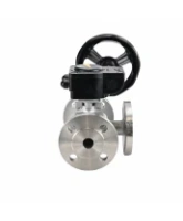 Кран шаровой DN.ru BV3232P(2pc)-FP-3WL-F-ISO-H Ду20 Ру16 HYMT, трехходовой L-тип, полнопроходной, фланцевый, корпус - нержавеющая сталь SS316, с редуктором HAM RQN1-180Z-T40