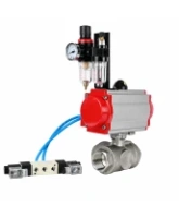 Кран шаровой DN.ru BV3232P(4pc)-SP-3WL-T-ISO-H WDVF Ду40 Ру63 стандартнопроходной, 3-ходовой L-тип, внутренняя резьба, нержавеющая сталь AISI 316, PTFE, с пневмоприводом PA-SA-130, пневмораспределителем 4V320-08 AC220V и БПВ AFC2000
