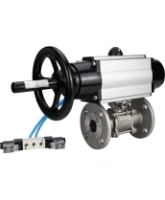 Кран шаровой DN.ru BV3131P(3pc)-FP-F-ISO-H Ду100 Ру16 полнопроходной трехсоставной, фланцевый, нержавеющая сталь 304, уплотнение - PTFE, 22х22, F10, WDVF, с пневмоприводом DN.ru PA-DA-105-1 и пневмораспределителем 4V320-08 AC220V