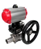 Кран шаровой DN.ru BV3232P(3pc)-FP-W-ISO-H LONG Ду65 Ру25 полнопроходной, корпус - нержавеющая сталь 316, уплотнение - PTFE, под приварку, с пневмоприводом DN.ru PA-DA-083 и редуктором DN.ru MON2-450-T28-ISO
