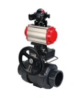 Кран шаровой DN.ru BV4242E-FP-GRM-ISO Дн50 Ру10 полнопроходной, корпус - НПВХ, шар - НПВХ, уплотнение - EPDM, с пневмоприводом PA-DA-052, пневмораспределителем 4M310-08 AC220V, ручным дублером MON1-250-T26-ISO и БКВ APL-210N