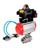 Кран шаровой DN.ru BV3232P(2pc)-FP-T-ISO-H Ду80 Ру40, полнопроходной внутреннняя резьба, нержавеющая сталь SS316, уплотнение - PTFE, с пневмоприводом PA-SA-130 с возвратными пружинами, с пневмораспределителем 4V320-08 AC220V, с БКВ APL-410N EX