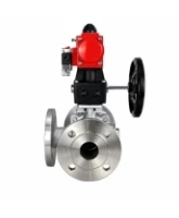 Кран шаровой DN.ru BV3232P(2pc)-FP-3WL-F-ISO-H Ду20 Ру16 HYMT трехходовой L-тип, полнопроходной, фланцевый, корпус - нержавеющая сталь AISI316, с пневмоприводом PA-DA-052, пневмораспределителем 4M320-08 AC220V и ручным дублером MON1-250-T26-ISO