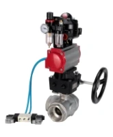 Кран шаровой DN.ru BV3232P(4pc)-SP-3WL-T-ISO-H 2 1/2″ Ду65 Ру40 стандартнопроходной трехходовой L-тип, нерж. сталь SS316, внутренняя резьба, PTFE, с пн.приводом PA-DA-083 пн.распред. 4V320-08 AC220V редуктором MON2-450-T28-ISO БПВ AFC2000 БКВ APL-510N-EX
