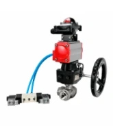 Кран шаровой DN.ru BV3232P(4pc)-SP-3WT-T-ISO-H WDVF Ду25 Ру63 стандартнопроходной, 3-ходовой Т-тип, внутренняя резьба, с пневмоприводом PA-DA-065, пневмораспределителем 4V320-08 AC220V, БКВ APL-210N и ручным дублером MON1-250-T26-ISO