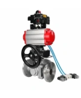 Кран шаровой DN.ru BV3232P(2pc)-FP-3WL-F-ISO-H Ду20 Ру16 HYMT, трехходовой L-тип, полнопроходной, фланцевый, нержав.сталь SS316, с пневмоприводом PA-DA-052, пневмораспределителем 4V320-08 AC220V, ручным дублером MON1-250-T26-ISO и БКВ APL-410N EX