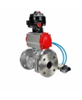 Кран шаровой DN.ru BV3232P(2pc)-FP-3WL-F-ISO-H Ду20 Ру16 HYMT, трехходовой L-тип, полнопроходной, фланцевый, корпус - нержавеющая сталь SS316, с пневмоприводом PA-DA-052, пневмораспределителем 4V320-08 AC220V и БКВ APL-510N EX