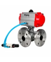 Кран шаровой DN.ru BV3232P(2pc)-FP-3WL-F-ISO-H Ду20 Ру16 HYMT, трехходовой L-тип, полнопроходной, фланцевый, корпус - нержавеющая сталь SS316, с пневмоприводом PA-DA-052 и пневмораспределителем 4V320-08 AC220V