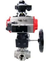 Кран шаровой DN.ru BV3232P(4pc)-SP-3WL-T-ISO-H Ду15 Ру63 стандартнопроходной трехходовой L-тип, нерж. сталь SS316, внутренняя резьба, PTFE, пн.приводом PA-DA-065, пн.распределителем 4M310-08 AC220V, БКВ APL-210N и ручным дублером MON1-250-T26-ISO