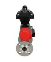 Кран шаровой DN.ru BV3131P(3pc)-FP-F-ISO-H Ду15 Ру40, трехсоставной полнопроходной фланцевый, нержавеющая сталь SS304, уплотнение - PTFE, с пневмоприводом PA-DA-052 двойного действия, с пневмораспределителем 4M310-08 AC220V, с БКВ APL-410N EX