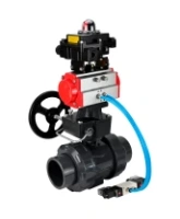 Кран шаровой DN.ru BV4242E-FP-GRM-ISO Дн50 Ру10 полнопроходной, корпус - НПВХ, шар - НПВХ, уплотнение - EPDM, с пневмоприводом PA-DA-052, пневмораспределителем 4V320-10 AC220V, ручным дублером MON1-250-T26-ISO и БКВ APL-410N EX