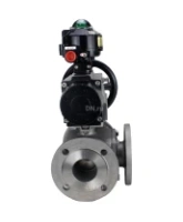 Кран шаровой DN.ru BV3232P(4pc)-FP-3WL-F Ду100 Ру16 полнопроходной трехходовой, фланцевый, корпус - нержавеющая сталь SS316, с пневмоприводом DN.ru PA-DA-105-1 двойного действия и БКВ APL-510N EX