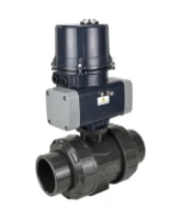Кран шаровой DN.ru BV4242E-FP-GRM-ISO Дн50 Ру10 полнопроходной, клеевой с разборным муфтовым соединением, корпус - НПВХ, шар - НПВХ, уплотнение - EPDM, с электроприводом DN.ru QTSA-N-003EM-O0-220VAC с пружинным возвратом