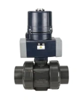 Кран шаровой DN.ru BV4242E-FP-GRM-ISO Дн50 Ру10 полнопроходной, клеевой с разборным муфтовым соединением, корпус - НПВХ, шар - НПВХ, уплотнение - EPDM, с электроприводом DN.ru QTSA-N-003EM-O0-220VAC с пружинным возвратом