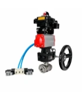 Кран шаровой DN.ru BV3232P(4pc)-SP-3WT-T-ISO-H WDVF Ду25 Ру63 стандартнопроходной, 3-ходовой Т-тип, внутренняя резьба, с пневмоприводом PA-DA-065, пневмораспределителем 4V320-08 AC220V, БКВ APL-410N EX и ручным дублером MON1-250-T26-ISO
