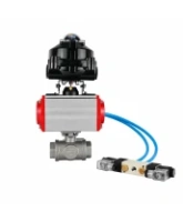 Кран шаровой DN.ru BV3232P(4pc)-SP-3WT-T-ISO-H WDVF Ду25 Ру63 стандартнопроходной, 3-ходовой Т-тип, внутренняя резьба, нержавеющая сталь AISI 316, PTFE, с пневмоприводом PA-DA-065, пневмораспределителем 4V320-08 AC220V и БКВ APL-510N EX