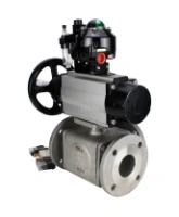 Кран шаровой DN.ru BV3232P(4pc)-FP-3WL-F Ду100 Ру16 полнопроходной трехходовой, фланцевый, корпус - нержавеющая сталь SS316, с пневмоприводом DN.ru PA-DA-105-1, пневмораспределителем 4V320-08 AC220V, БКВ APL-510N EX и БПВ AFC2000