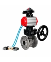 Кран шаровой DN.ru BV3232P(2pc)-FP-F-ISO-H WDVF Ду80 Ру16 полнопроходной, фланцевый, корпус - нержавеющая сталь 316, уплотнение - PTFE, с пневмоприводом PA-DA-105, пневмораспределителем 4V320-08 AC220V, БКВ APL-210N и ручным дублером MON2-450-T28-ISO