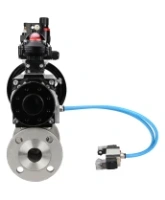 Кран шаровой DN.ru BV3131P(3pc)-FP-F-ISO-H Ду100 Ру16 полнопроходной трехсоставной, фланцевый, нержавеющая сталь 304, PTFE, 22х22, F10, WDVF, с пневмоприводом DN.ru PA-DA-105-1, пневмораспределителем 4V320-08 AC220V, БКВ APL-210N и БПВ AFC2000