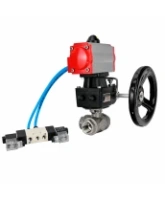 Кран шаровой DN.ru BV3232P(4pc)-SP-3WT-T-ISO-H WDVF Ду25 Ру63 стандартнопроходной, 3-ходовой Т-тип, внутренняя резьба, нержавеющая сталь AISI 316, с пневмоприводом PA-DA-065, пневмораспределителем 4V320-08 AC220V и ручным дублером MON1-250-T26-ISO