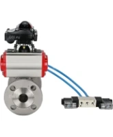 Кран шаровой DN.ru BV3131P(3pc)-FP-F-ISO-H Ду15 Ру40, трехсоставной полнопроходной фланцевый, нержавеющая сталь SS304, уплотнение - PTFE, с пневмоприводом PA-DA-052 двойного действия, с пневмораспределителем 4V320-08 AC220V, с БКВ APL-210N