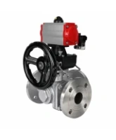Кран шаровой DN.ru BV3232P(2pc)-FP-3WL-F-ISO-H Ду20 Ру16 HYMT трехходовой L-тип, полнопроходной, фланцевый, корпус - нержавеющая сталь AISI316, с пневмоприводом PA-DA-052, пневмораспределителем 4M320-08 AC220V и ручным дублером MON1-250-T26-ISO