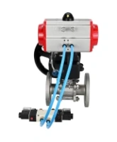 Кран шаровой DN.ru BV3131P(3pc)-FP-F-ISO-H Ду15 Ру40, трехсоставной полнопроходной фланцевый, нержавеющая сталь SS304, уплотнение - PTFE, с пневмоприводом PA-DA-052, с пневмораспределителем 4V320-08 AC220V, с ручным дублером MON1-250-T26-ISO