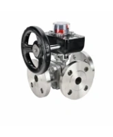 Кран шаровой DN.ru BV3232P(2pc)-FP-3WL-F-ISO-H Ду80 Ру16 HYMT, трехходовой L-тип, полнопроходной, фланцевый, корпус - нержавеющая сталь SS316, с редуктором HGB RQN2-320Z с визуальным указателем положения
