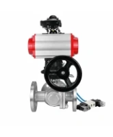 Кран шаровой DN.ru BV3232P(2pc)-FP-3WL-F-ISO-H Ду20 Ру16 HYMT, трехходовой L-тип, полнопроходной, фланцевый, нержав.сталь SS316, с пневмоприводом PA-DA-052, пневмораспределителем 4V320-08 AC220V, ручным дублером MON1-250-T26-ISO и БКВ APL-210N