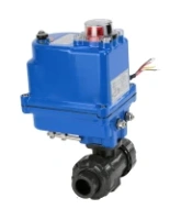Кран шаровой DN.ru BV4242E-FP-GRM-ISO Дн50 Ру10 полнопроходной, клеевой с разборным муфтовым соединением, корпус - НПВХ, шар - НПВХ, уплотнение - EPDM, с электроприводом DN.ru QT-N-003EM-O1-12VDC-У1 blue
