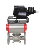 Кран шаровой DN.ru BV3131P(3pc)-FP-F-ISO-H Ду15 Ру40, трехсоставной полнопроходной фланцевый, нержавеющая сталь SS304, PTFE, с пневмоприводом PA-DA-052 двойного действия и с электропневматическим поворотным позиционером YT-1000RSN без обратной связи