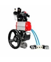 Кран шаровой DN.ru BV3232P(4pc)-SP-3WT-T-ISO-H WDVF Ду25 Ру63 стандартнопроходной, 3-ходовой Т-тип, внутренняя резьба, с пневмоприводом PA-DA-065, пневмораспределителем 4V320-08 AC220V, БКВ APL-210N, БПВ AFC2000 и ручным дублером MON1-250-T26-ISO