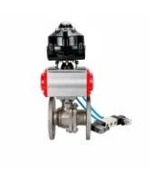 Кран шаровой DN.ru BV3232P(2pc)-FP-F-ISO-H Ду100 Ру16 фланцевый, полнопроходной, двухсоставной, корпус - нержавеющая сталь SS316, уплотнение - PTFE, с пн.приводом DN.ru PA-DA-105 пн.распределителем 4V320-08 AC220V БКВ APL-510N-EX