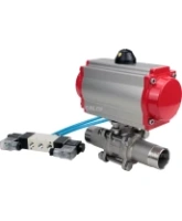 Кран шаровой DN.ru BV3232P(3pc)-FP-W-ISO-H LONG Ду80 Ру25 полнопроходной, корпус - нержавеющая сталь 316, уплотнение - PTFE, под приварку, с пневмоприводом DN.ru PA-SA-130 и пневмораспределителем 4V320-08 AC220V