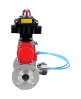 Кран шаровой DN.ru BV3131P(3pc)-FP-F-ISO-H Ду15 Ру40, трехсоставной полнопроходной фланцевый, нержавеющая сталь SS304, уплотнение - PTFE, с пневмоприводом PA-DA-052 двойного действия, с пневмораспределителем 4V320-08 AC220V, с БКВ APL-410N EX