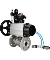 Кран шаровой DN.ru BV3131P(3pc)-FP-F-ISO-H Ду100 Ру16 полнопроходной трехсоставной, фланцевый, нержавеющая сталь 304, PTFE, 22х22, F10, WDVF, с пневмоприводом DN.ru PA-DA-105-1, пневмораспределителем 4V320-08 AC220V, БКВ APL-210N и БПВ AFC2000