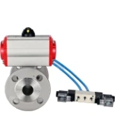 Кран шаровой DN.ru BV3131P(3pc)-FP-F-ISO-H Ду15 Ру40, трехсоставной полнопроходной фланцевый, нержавеющая сталь SS304, уплотнение - PTFE, с пневмоприводом PA-DA-052 двойного действия, с пневмораспределителем 4V320-08 AC220V