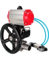 Кран шаровой DN.ru BV3232P(3pc)-FP-W-ISO-H LONG Ду80 Ру25 полнопроходной, корпус - нержавеющая сталь 316, уплотнение - PTFE, под приварку, с пневмоприводом PA-DA-083, пневмораспределителем 4V320-08 AC220V и редуктором MON2-450-T28-ISO