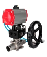 Кран шаровой DN.ru BV3232P(3pc)-FP-W-ISO-H LONG Ду80 Ру25 полнопроходной, корпус - нержавеющая сталь 316, уплотнение - PTFE, под приварку, с пневмоприводом PA-DA-083, пневмораспределителем 4V320-08 AC220V и редуктором MON2-450-T28-ISO