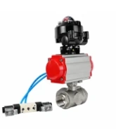 Кран шаровой DN.ru BV3232P(4pc)-SP-3WL-T-ISO-H WDVF Ду40 Ру63 стандартнопроходной, 3-ходовой L-тип, внутренняя резьба, нержавеющая сталь AISI 316, PTFE, с пневмоприводом PA-SA-130, пневмораспределителем 4V320-08 AC220V и БКВ APL-510N EX