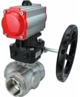 Кран шаровой DN.ru BV3232P(4pc)-SP-3WL-T-ISO-H Ду80 Ру40 стандартнопроходной трехходовой L-тип, нерж. сталь SS316, внутренняя резьба, уплотнение - PTFE, с пневмоприводом PA-DA-083 и ручным дублером MON2-450-T28-ISO