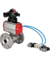 Кран шаровой DN.ru BV3131P(3pc)-FP-F-ISO-H Ду15 Ру40, трехсоставной полнопроходной фланцевый, нержавеющая сталь SS304, уплотнение - PTFE, с пневмоприводом PA-DA-052 двойного действия, с пневмораспределителем 4V320-08 AC220V, с БКВ APL-210N