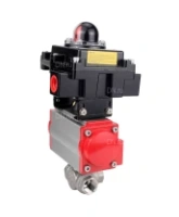 Кран шаровой DN.ru BV3232P(4pc)-SP-3WL-T-ISO-H Ду15 Ру63 стандартнопроходной трехходовой L-тип, нержавеющая сталь SS316, внутренняя резьба, уплотнение - PTFE, с пневмоприводом PA-DA-52 и блоком концевых выключателей APL-410N EX