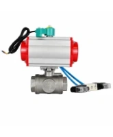 Кран шаровой DN.ru BV3232P(4pc)-SP-3WL-T-ISO-H WDVF Ду65 Ру40 стандартнопроходной, 3-ходовой L-тип, внутренняя резьба, нержавеющая сталь AISI 316, с пневмоприводом PA-DA-105, пневмораспределителем 4V320-08 AC220V и магнитным переключателем ALS200D