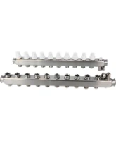 Коллекторная группа DN.ru GC4-31-10 1″ Ду25 Ру10 отводов — 10, в сборе с терморегулирующими клапанами и запорно-балансировочными клапанами, дренажным краном и воздухоотводчиком, с заглушками, без переходников, корпус - нержавеющая сталь AISI 304