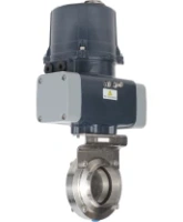 Затвор дисковый поворотный DN.ru WBV3131E-2W-C-H Ду50 Ру10 кламповый, корпус - пищевая нержавеющая сталь AISI 304, диск - нержавеющая сталь AISI 304, уплотнение - EPDM, с электроприводом четвертьоборотным DN.ru QTSA-N-003EM-O0-220VAC с пружинным возвратом