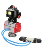 Кран шаровой DN.ru BV3232P(4pc)-SP-3WL-T-ISO-H 1/2″ Ду15 Ру63 стандартнопроходной трехходовой L-тип, нержавеющая сталь SS316, внутренняя резьба, уплотнение - PTFE, с пн.приводом DN.ru PA-SA-052 пн.распределителем 4V320-08 AC220V БКВ APL-510N-EX