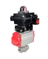 Кран шаровой DN.ru BV3232P(4pc)-SP-3WL-T-ISO-H Ду15 Ру63 стандартнопроходной трехходовой L-тип, нержавеющая сталь SS316, внутренняя резьба, уплотнение - PTFE, с пневмоприводом PA-DA-52 и блоком концевых выключателей APL-410N EX