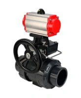 Кран шаровой DN.ru BV4242E-FP-GRM-ISO Дн50 Ру10 полнопроходной, корпус - НПВХ, шар - НПВХ, уплотнение - EPDM, с пневмоприводом PA-DA-052 и ручным дублером MON1-250-T26-ISO